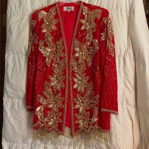 Gold Beaded Red Velvet Blazer